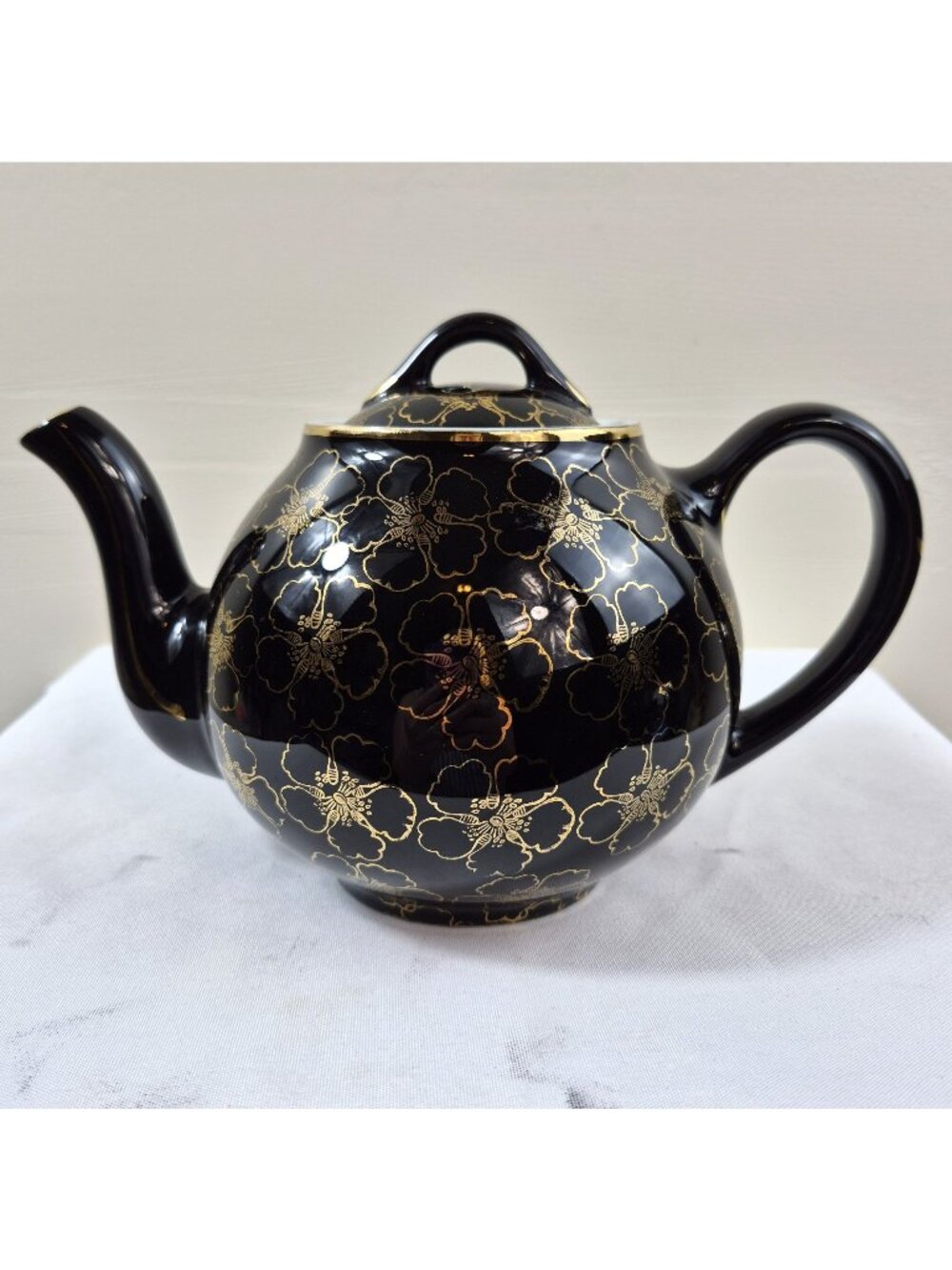 Vintage Hall USA Black Gold Floral 6-Cup Teapot Ceramic Mid-Century Design